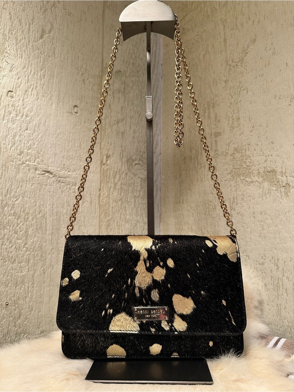 henri bendel Calf hair Black&Gold Fleck Splatter Crossbody with Chain Strap
